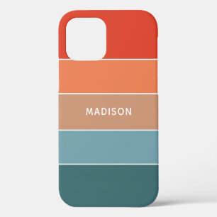 Blue Teal Orange Tan Colorblock Personalized Name iPhone 12 Case