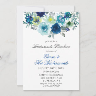Blue Teal Paint Peony Bridesmaids Luncheon Invites