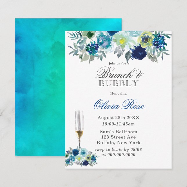Blue Teal Peony Brunch & Bubbly Invitations (Front/Back)