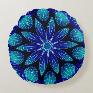 Blue & Teal Petals Mandala Round Pillow