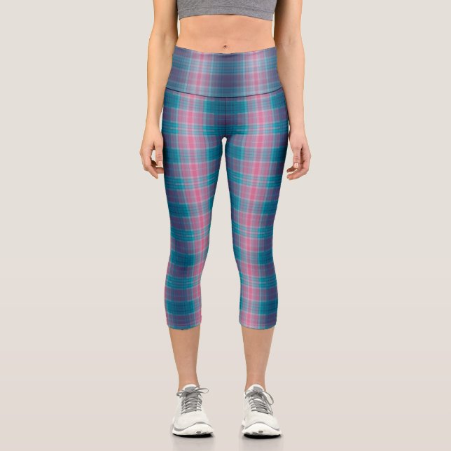 Blue Teal Pink Tartan Pattern Capri Leggings (Front)