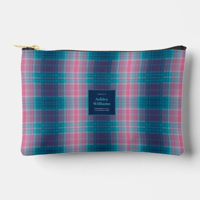 Blue Teal Pink Tartan Personalized Accessory Pouch (Front)