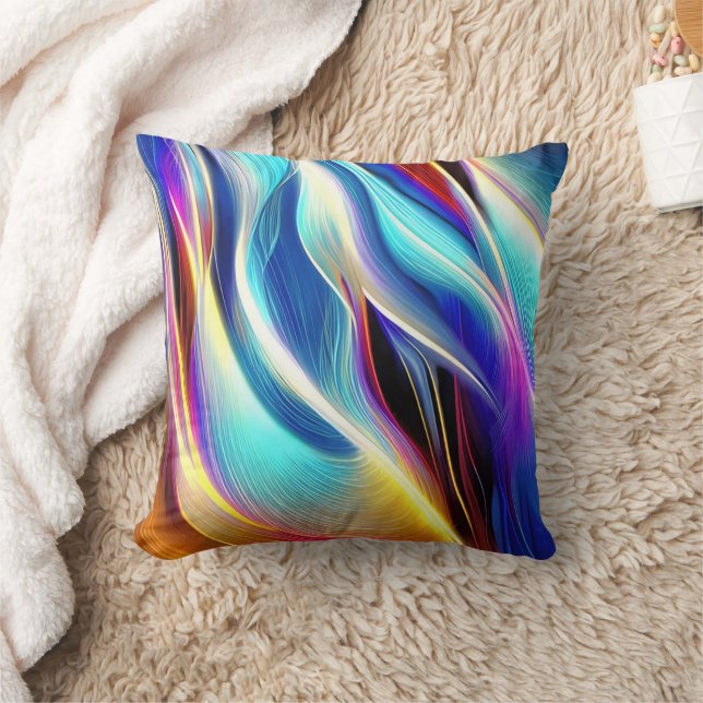 Blue Teal Pink Yellow White Wavy Abstraction Throw Pillow (Blanket)