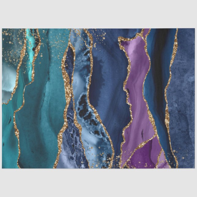 Blue/Teal/Purple Agate w/Gold Glitter Veins Tissue Paper (Front)