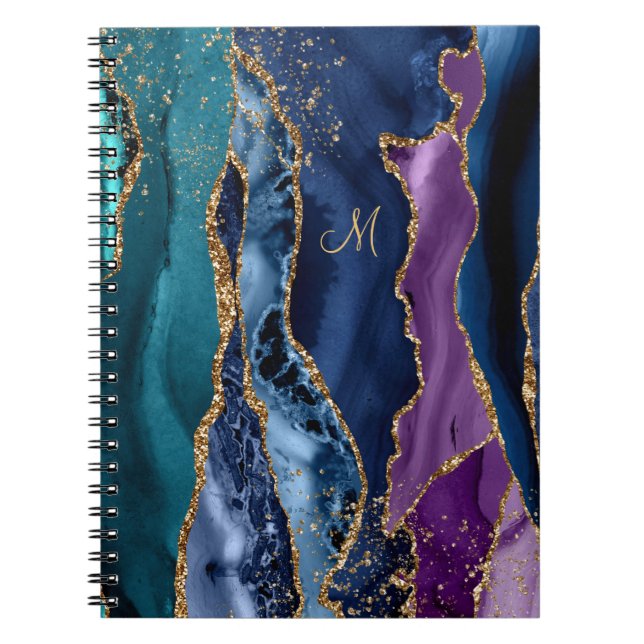 Blue/Teal/Purple Agate w/Gold Veins Monogram Notebook (Front)