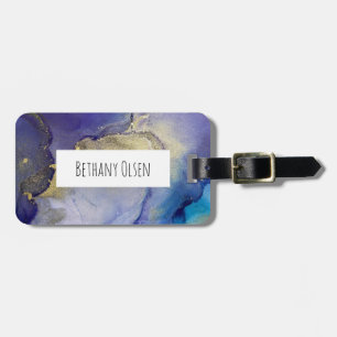 Blue, Teal, Purple and Gold Alcohol Ink Abstract Luggage Tag