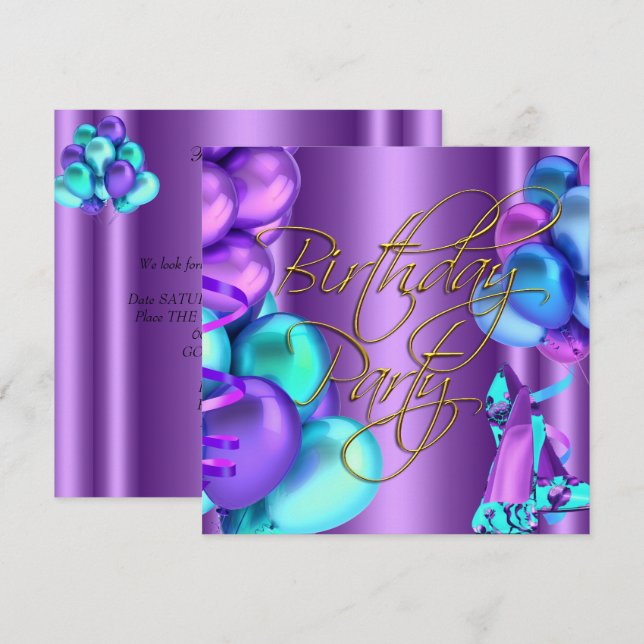 blue teal Purple Gold High Heel Shoes Birthday Invitation (Front/Back)