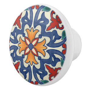 Blue Teal Red Orange Portuguese Azulejos Pattern  Ceramic Knob