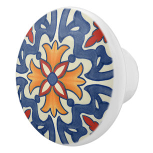 Blue Teal Red Orange Portuguese Azulejos Pattern Ceramic Knob