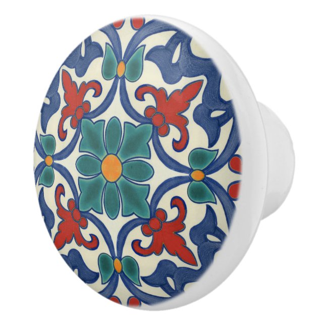 Blue Teal Red Orange Portuguese Azulejos Pattern  Ceramic Knob (Right)