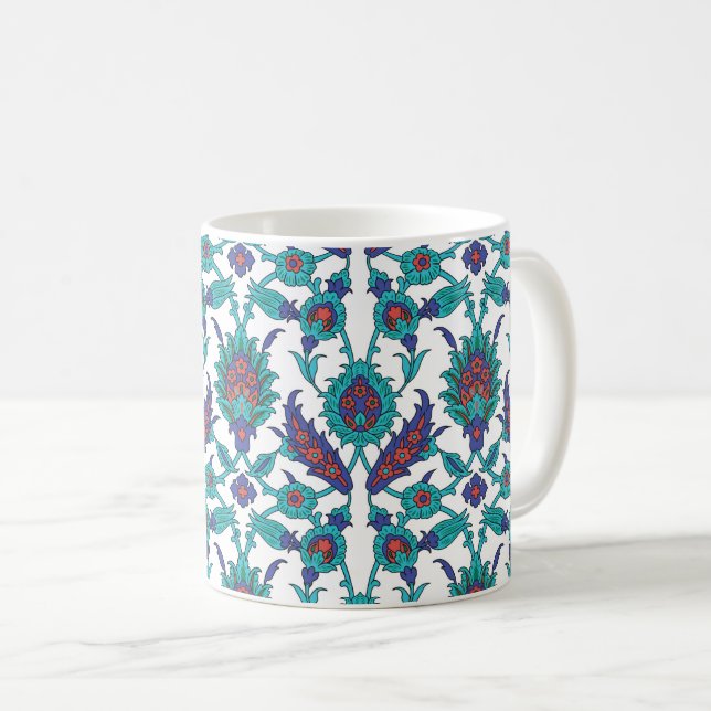 Blue Teal Red White Oriental Floral Pattern Coffee Mug (Front Right)