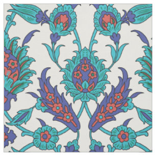 Blue Teal Red White Oriental Floral Pattern Fabric
