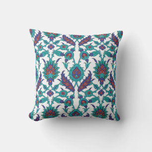 Blue Teal Red White Oriental Floral Pattern Throw Pillow