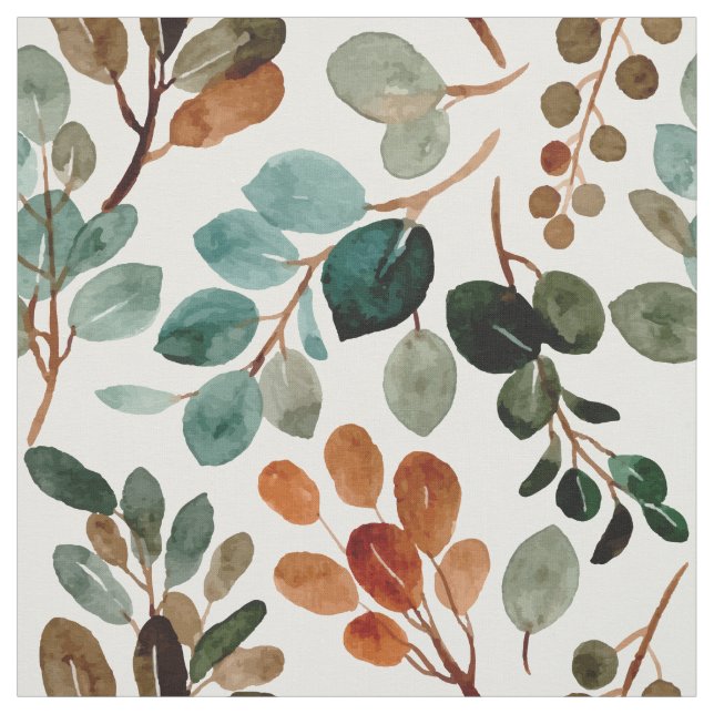 Blue Teal Rust Sage Green Watercolor Leaves White Fabric (Swatch)