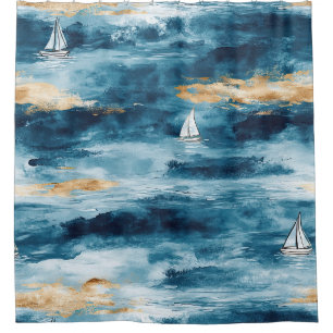 Blue Teal Sailboat Coastal Wave Pattern