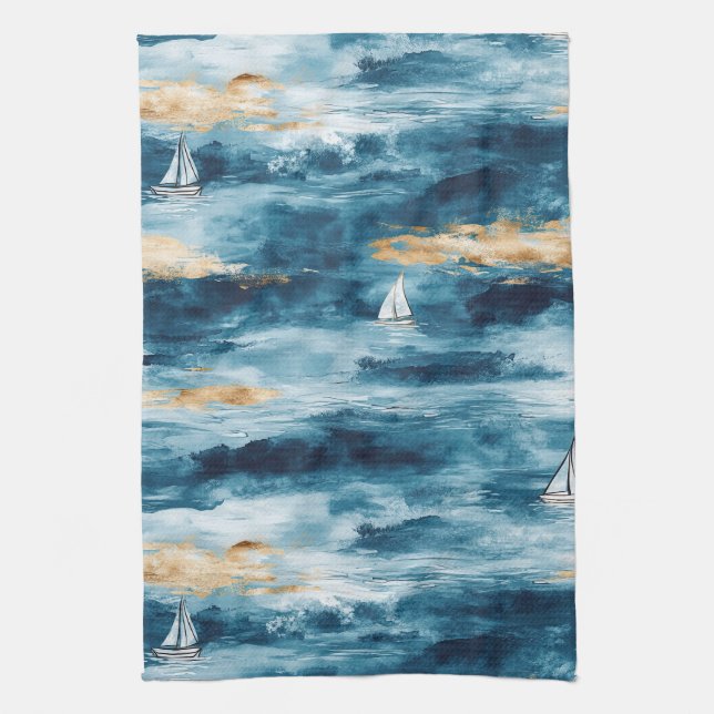 Blue Teal Sailboat Coastal Wave Pattern Kitchen Towel (Vertical)