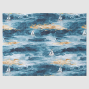 Blue Teal Sailboat Coastal Wave Pattern Tissue Paper