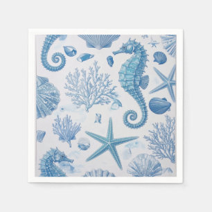 Blue Teal Seahorse Shell Starfish Ocean Pattern Napkin