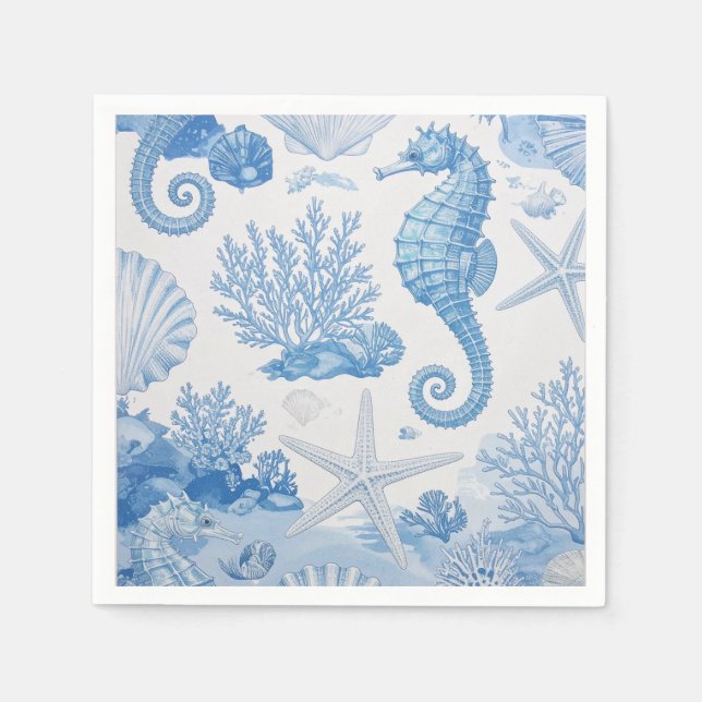 Blue Teal Seahorse Shell Starfish Ocean Pattern Napkin (Front)