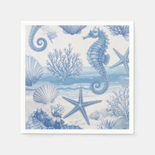 Blue Teal Seahorse Shell Starfish Ocean Pattern Napkin