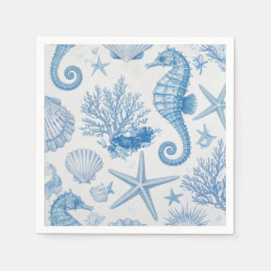 Blue Teal Seahorse Shell Starfish Ocean Pattern Napkin