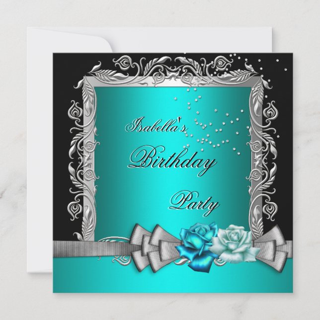 Blue Teal Silver Floral Roses Birthday Party Invitation (Front)
