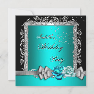 Blue Teal Silver Floral Roses Birthday Party Invitation