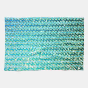 Blue Teal Sparkle Ocean Mermaid Waves Pattern Kitchen Towel