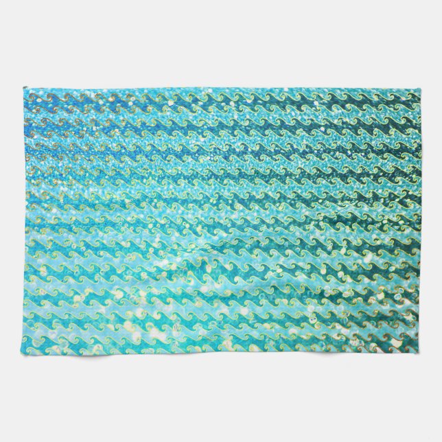 Blue Teal Sparkle Ocean Mermaid Waves Pattern Kitchen Towel (Horizontal)