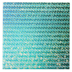 Blue Teal Sparkle Ocean Mermaid Waves Pattern Tile