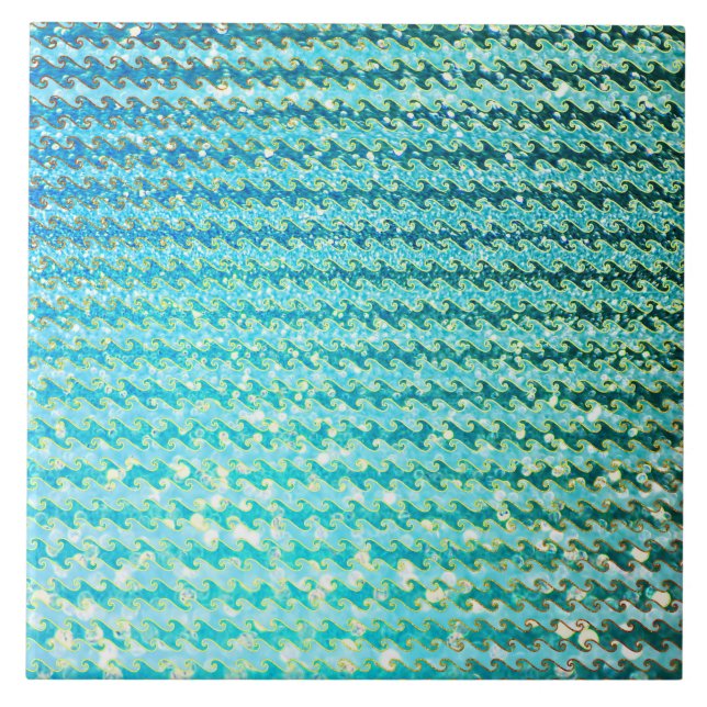 Blue Teal Sparkle Ocean Mermaid Waves Pattern Tile (Front)