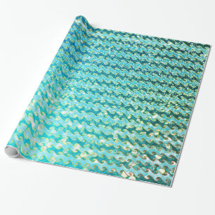 Blue Teal Sparkle Ocean Mermaid Waves Pattern Wrapping Paper