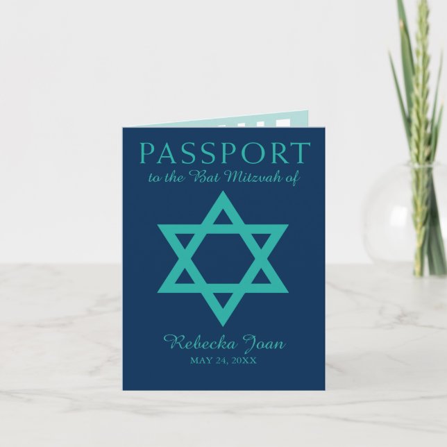 Blue Teal Star of David Bat Mitzvah Passport Invitation (Front)