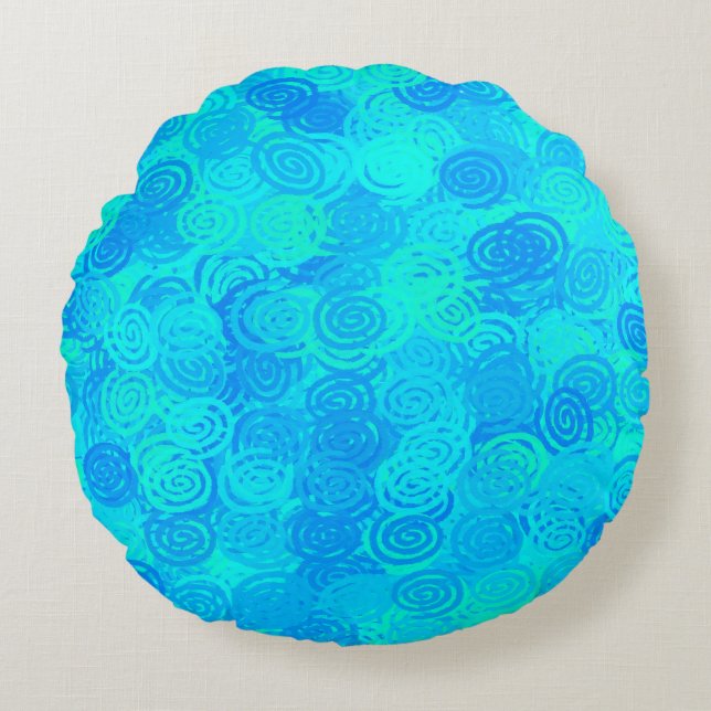Blue Teal Swirls Pattern Round Pillow (Front)