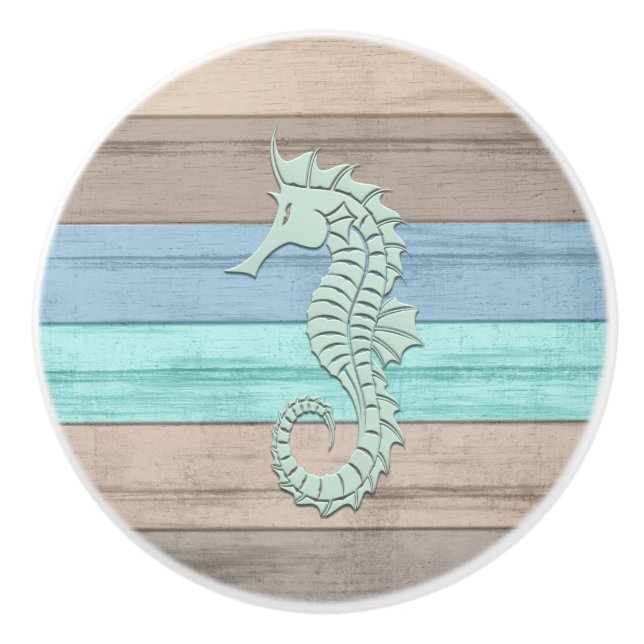 Blue, Teal, & Tan Beach Wood - Nautical Seahorse Ceramic Knob (Front)