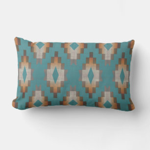 Blue Teal Terracotta Orange Brown Taupe Tribal Art Lumbar Pillow