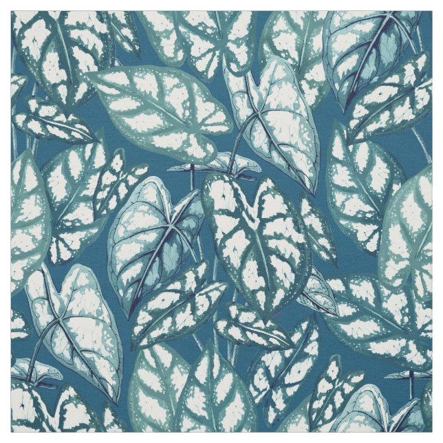 Blue Teal Tropical Leaves Fabric (Swatch)
