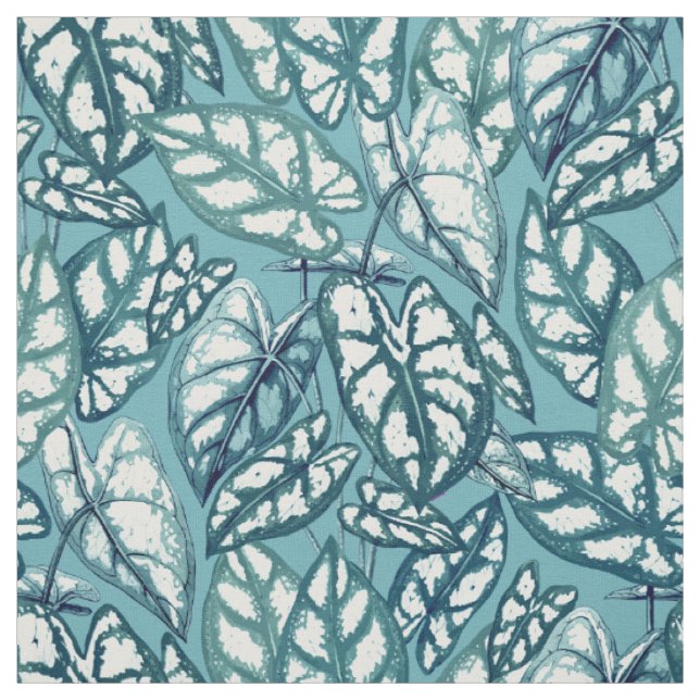 Blue Teal Tropical Leaves Fabric (Swatch)