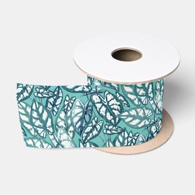 Blue Teal Tropical Leaves Satin Ribbon (Spool)