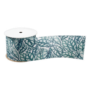 Blue Teal Tropical Leaves Satin Ribbon