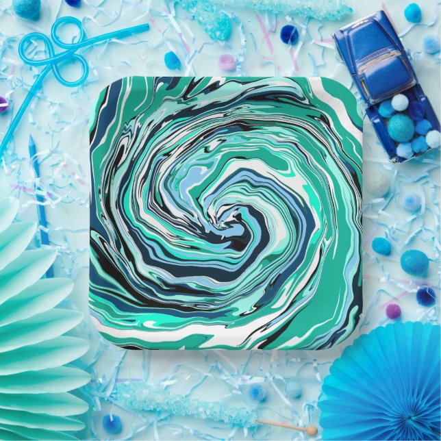 Blue, Teal, Turquoise and White Swirls Marble Art  Paper Plate (Party)