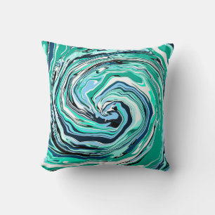 Blue, Teal, Turquoise and White Swirls Marble Art Throw Pillow