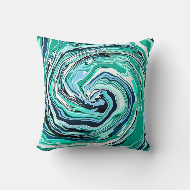 Blue, Teal, Turquoise and White Swirls Marble Art  Throw Pillow (Front)