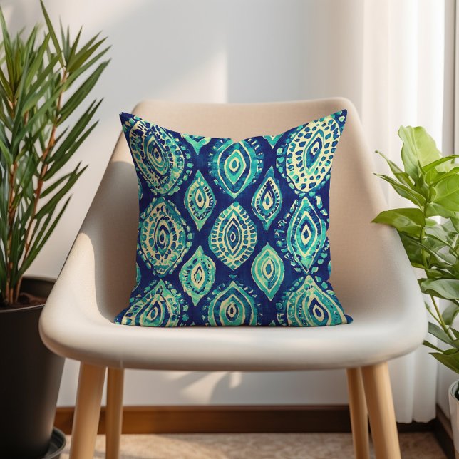 Blue Teal Turquoise Bohemian Pattern  Throw Pillow (Blue Teal Turquoise Bohemian Pattern Throw Pillow)