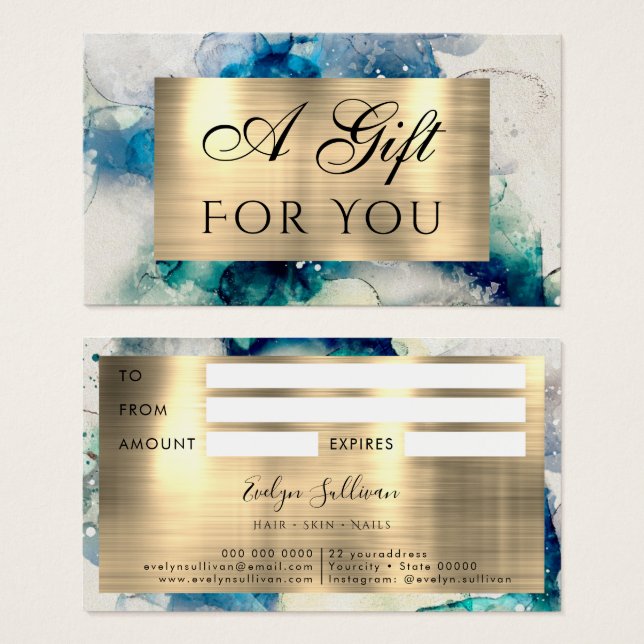 Blue Teal Watercolor and Gold Foil Gift Card (Front & Back)