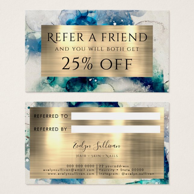 Blue Teal Watercolor and Gold Foil Referral Card (Front & Back)