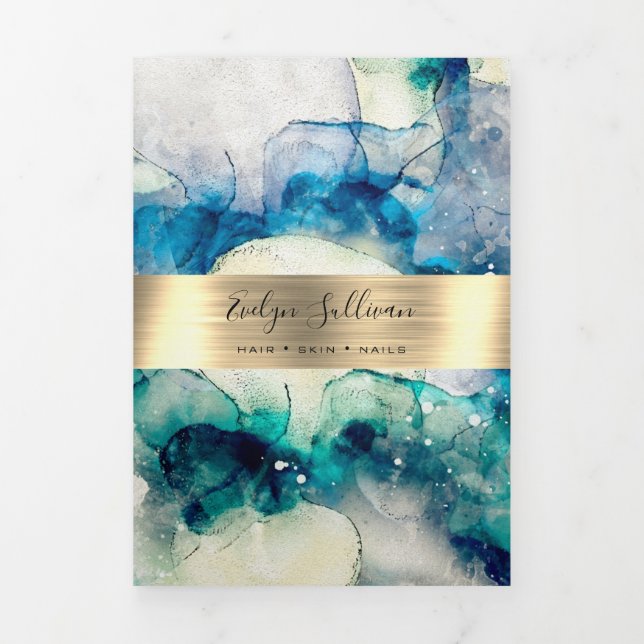 Blue Teal Watercolor Gold Foil Trifold Brochure (Cover)