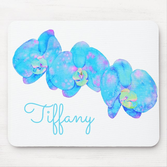Blue Teal watercolor orchids Mouse Pad (Front)