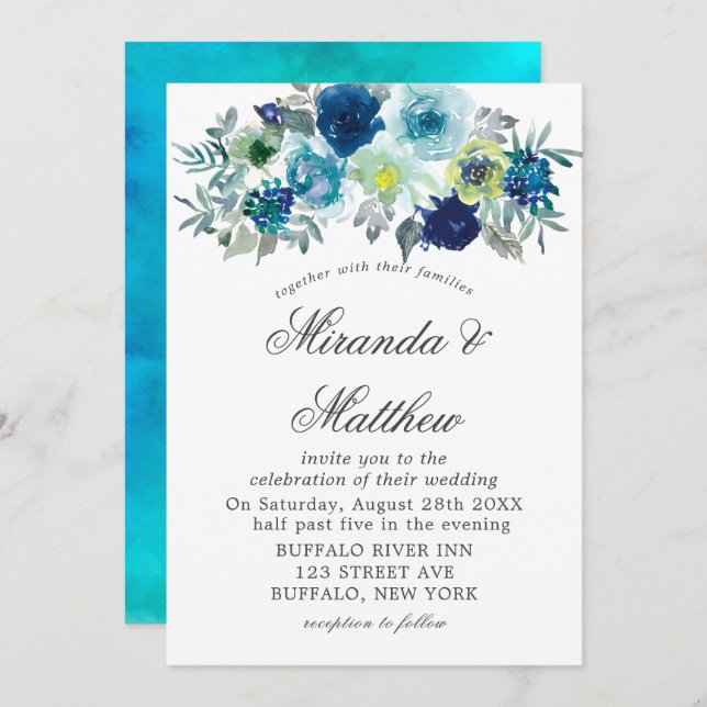 Blue Teal Watercolor Peony Wedding Invitations  (Front/Back)
