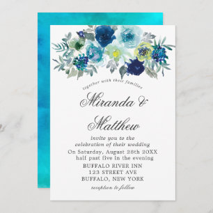 Blue Teal Watercolor Peony Wedding Invitations 